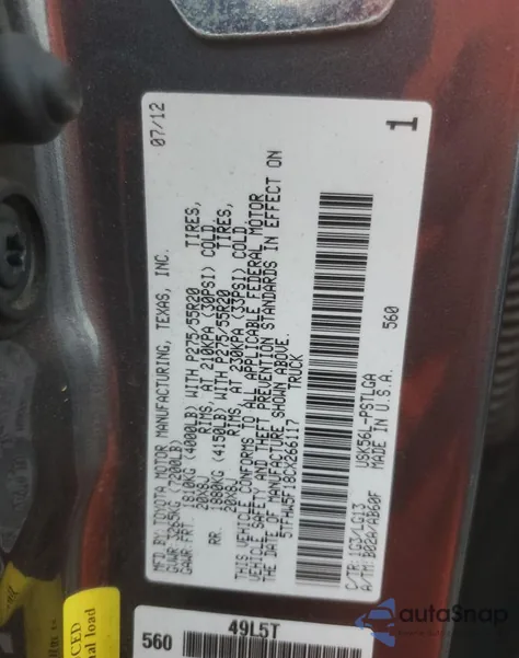 2012 Toyota Tundra Crewmax Limited z USA, uszkodzony, nr VIN 5TFHW5F18CX266117